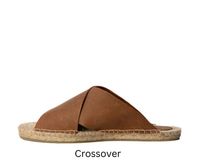 Tan cross-over espadrille, the soles are made for Jute